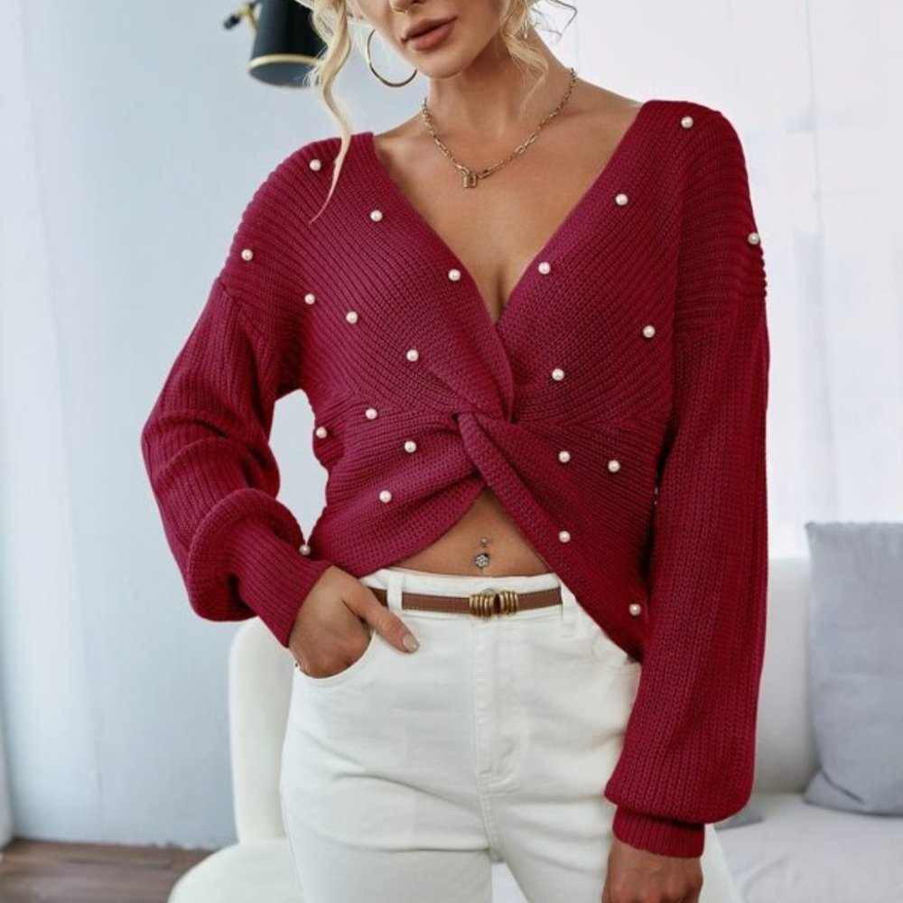 Burgundy Reversible Twist Knit Sweater Top - Picture 3 of 8